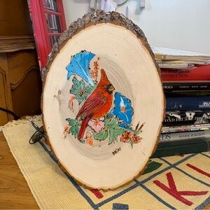 Hand Painted Cardinal Painting On Live Edge Oval Wood Slice Plaque Wall Hanging